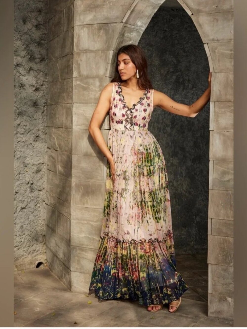 Bhanuni By Jyoti Cydney Tiered Floral Maxi Dress Beaded Anthropologie 14 Boho